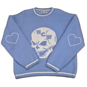 Heaven Can Wait Skull Sweater M Unisex Graphic Knit Pullover Heart Elbow Patches